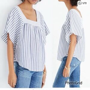 Madewell Blue and White Striped Square-Neck Flutter Sleeve Tunic